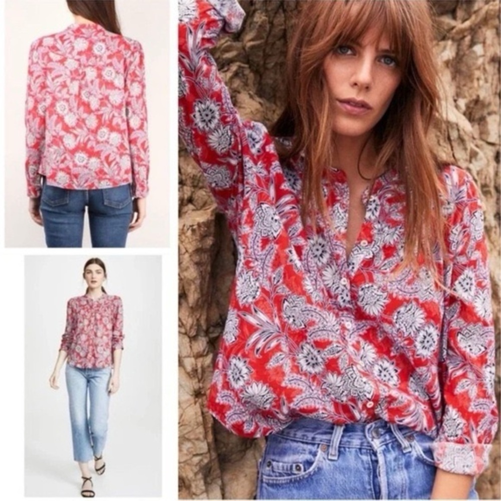 Xirena Jesse Tulum Floral Print Cotton Red Floral Blouse